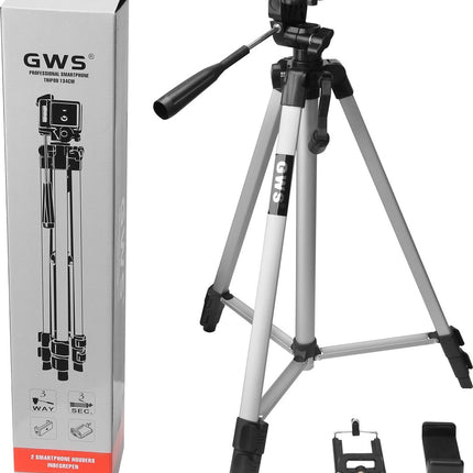 GWS Tripod Statief Aluminium - Universeel Camera en Telefoon Statief - Incl. Smartphone Houders - 134CM Zilvergrijs image 9