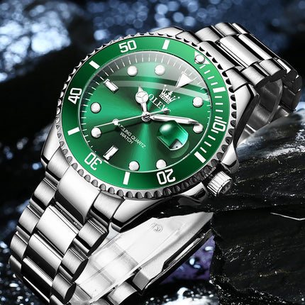OLEVS Horloge voor mannen - Heren horloge - Roestvrij Staal - Groen Zilver - met verstelbare pin - image 6