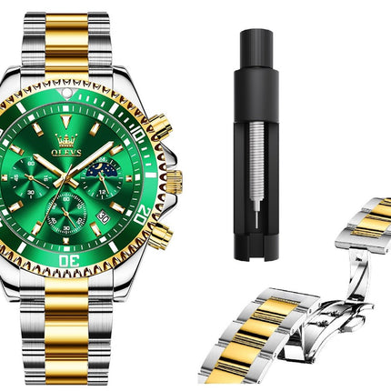 GWS OLEVS Herenhorloge Quartz – RVS Horloge voor mannen – Groen Zilvergoud
