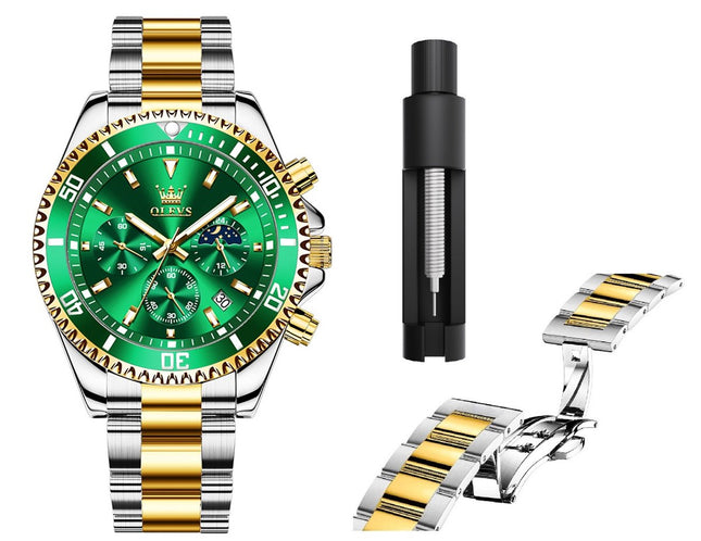 GWS OLEVS Herenhorloge Quartz – RVS Horloge voor mannen – Groen Zilvergoud