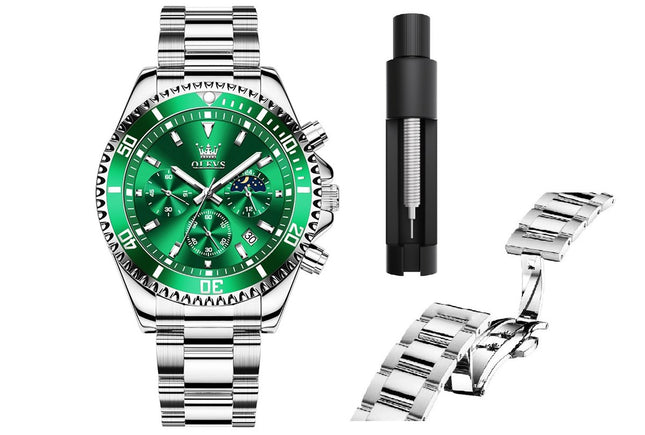 GWS OLEVS Herenhorloge Quartz – RVS Horloge voor mannen – Groen Zilver