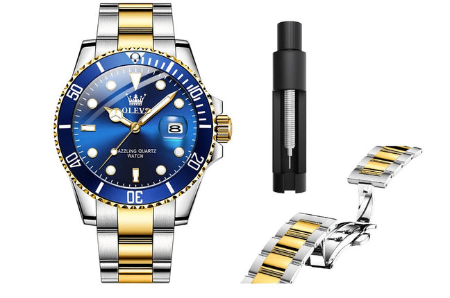 GWS OLEVS Horloge voor mannen - Heren horloge - Roestvrij Staal - Blauw Zilvergoud - met verstelbare pin -