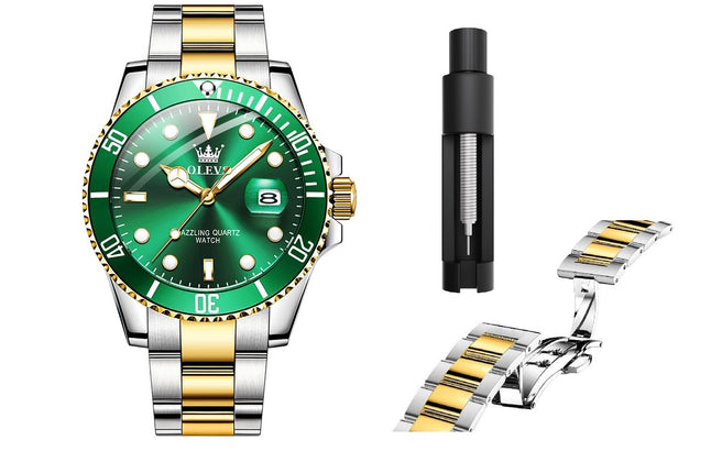 GWS OLEVS Horloge voor mannen - Heren horloge - Roestvrij Staal - Groen Zilvergoud - met verstelbare pin -