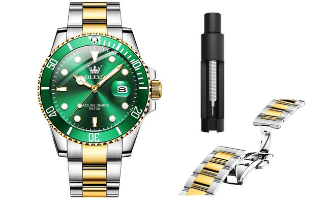 GWS OLEVS Horloge voor mannen - Heren horloge - Roestvrij Staal - Groen Zilvergoud - met verstelbare pin -
