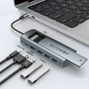 BlitzWolf® BW-Neo TH13 6-in-1 Docking Station – M.2 SATA SSD, 3× USB 3.0, PD100W, 4K@30Hz, voor Laptop & Meer