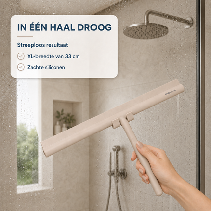 Waterval XL Douchewisser 33 cm – Siliconen Trekker voor Douchewand & Badkamer – Inclusief Ophanghaak – Streeploos – Taupe / Beige