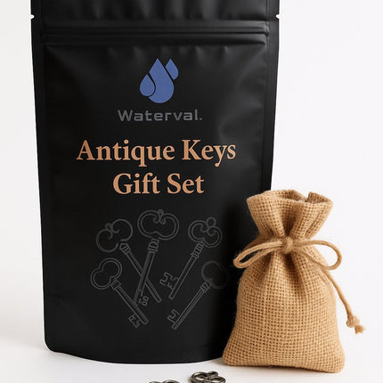 Antique Keys Gift Set met zwarte verpakking en jute zakje.