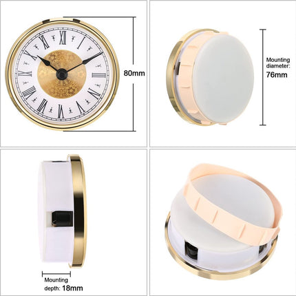 Afmetingen van GWS insteek quartz uurwerk: 80 mm diameter, 76 mm inbouw en 18 mm diepte