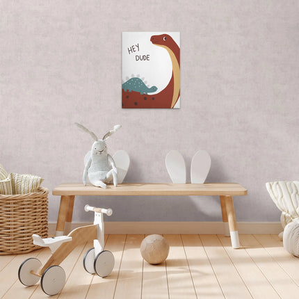 Dinosaurus canvas Hey Dude in blauw, bruin en wit – detail 3