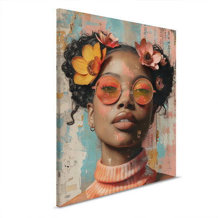 Canvas Lauryn met bloemenmeisje in beige, blauw en geel – detail 6