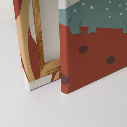 Dinosaurus canvas Hey Dude in blauw, bruin en wit – detail 4