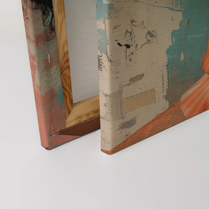 Canvas Lauryn met bloemenmeisje in beige, blauw en geel – detail 4