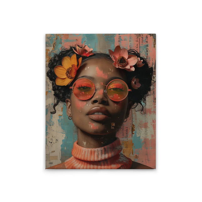Canvas Lauryn met bloemenmeisje in beige, blauw en geel – detail 7