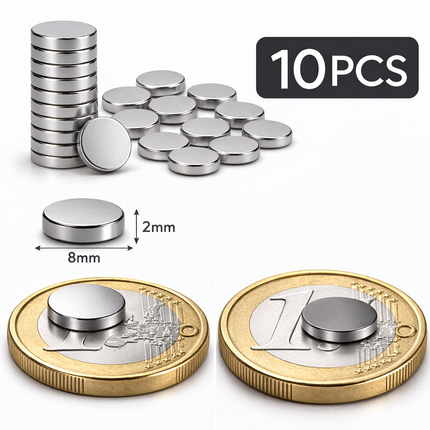 Brute Force Magneten – Neodymium Magneten N52 – 8x2 mm – Extra Sterk – Kleine Schijf Magneten – Set van 10 Stuks – Zilver