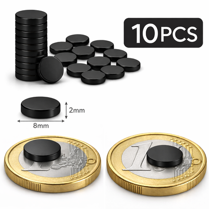 Brute Force Magneten – Neodymium Magneten N52 – 8x2 mm – Extra Sterk – Kleine Schijf Magneten – Set van 10 Stuks – Zwart