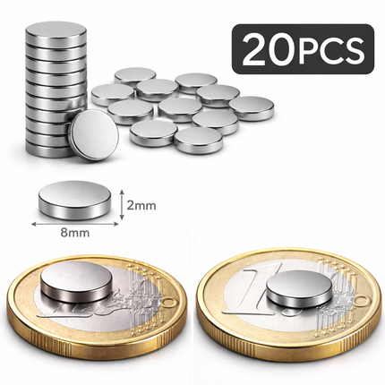 Brute Force Magneten – Neodymium Magneten N52 – 8x2 mm – Extra Sterk – Kleine Schijf Magneten – Set van 20 Stuks – Zilver