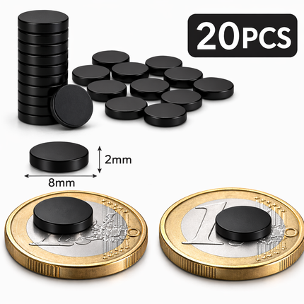 Brute Force Magneten – Neodymium Magneten N52 – 8x2 mm – Extra Sterk – Kleine Schijf Magneten – Set van 20 Stuks – Zwart