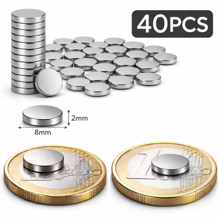 Brute Force Magneten – Neodymium Magneten N52 – 8x2 mm – Extra Sterk – Kleine Schijf Magneten – Set van 40 Stuks – Zilver