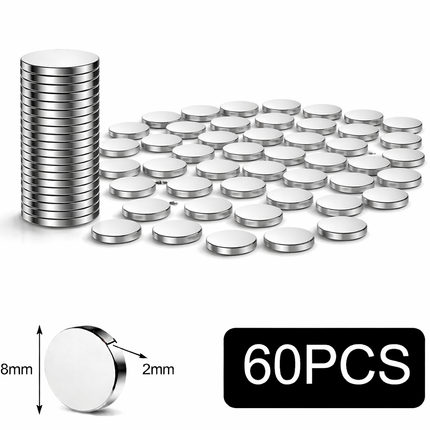 Brute Force Magneten – Neodymium Magneten N52 – 8x2 mm – Extra Sterk – Kleine Schijf Magneten – Set van 60 Stuks – Zilver