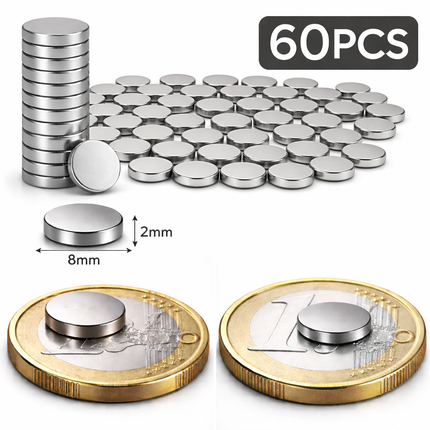 Brute Force Magneten – Neodymium Magneten N52 – 8x2 mm – Extra Sterk – Kleine Schijf Magneten – Set van 60 Stuks – Zilver