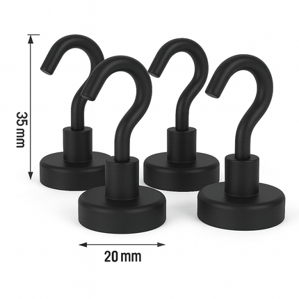 Brute Force Zwarte Haakmagneten – Magneet met Haak – 20mm – 4 stuks – Epoxy Coating
