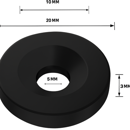 Brute Force ringmagneten met schroefgat – 20x3 mm – N52 neodymium – zwart epoxy – set van 5 stuks – verzonken gat Ø5 mm