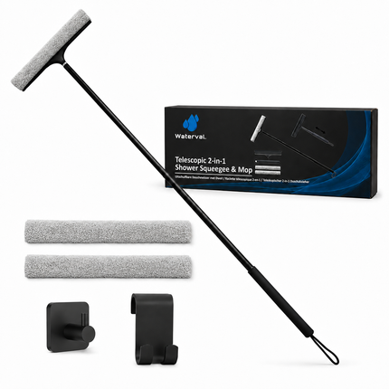 Waterval Telescopische Douchewisser – 120 cm Uitschuifbaar – 30,5 cm Breed – Inclusief 2 Ophanghaken & Raamzeem – Zwart– XL Douche Trekker met Siliconen Blad