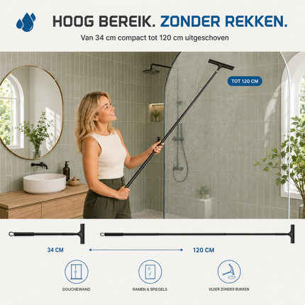 Waterval Telescopische Douchewisser – 120 cm Uitschuifbaar – 30,5 cm Breed – Inclusief 2 Ophanghaken & Raamzeem – Zwart– XL Douche Trekker met Siliconen Blad