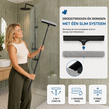 Waterval Telescopische Douchewisser – 120 cm Uitschuifbaar – 30,5 cm Breed – Inclusief 2 Ophanghaken & Raamzeem – Zwart– XL Douche Trekker met Siliconen Blad