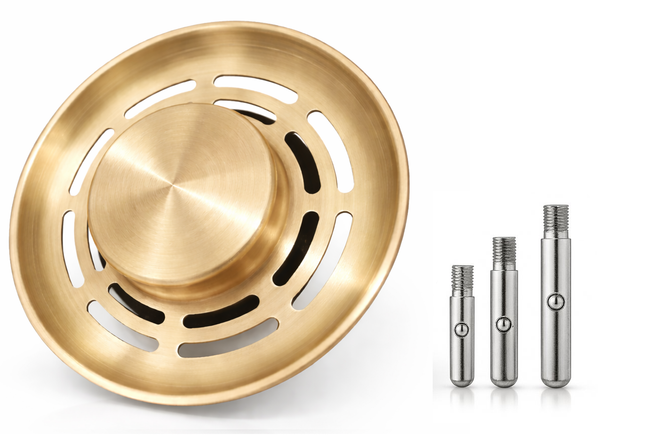 Waterval Gootsteen Zeef 84mm – RVS 304 Korfplug / Afvoerzeef – Geborsteld – Inclusief 3 Verwisselbare Pinnen – Goud