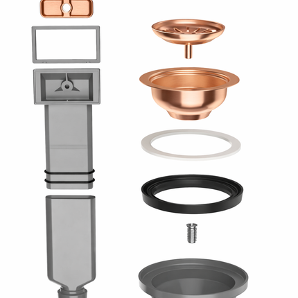 Waterval Korfplug Deluxe Afvoerset met Overloop Ø114 mm – RVS 304 – G1½ Aansluiting – Geschikt tot 90 mm Afvoer – Luxe Spoelbak Afvoer – Rosé Copper