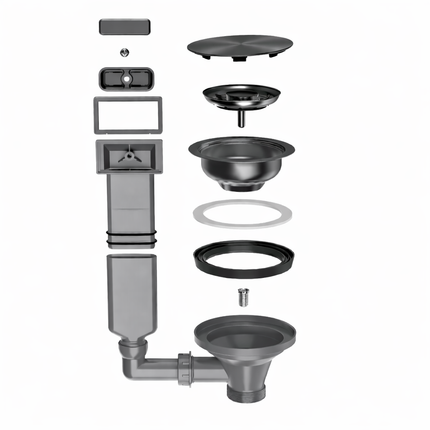 Waterval Korfplug Deluxe Afvoerset met Overloop Ø114 mm – RVS 304 – G1½ Aansluiting – Geschikt tot 90 mm Afvoer – Luxe Spoelbak Afvoer – Gunmetal Grey