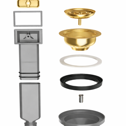Waterval Korfplug Deluxe Afvoerset met Overloop Ø114 mm – RVS 304 – G1½ Aansluiting – Geschikt tot 90 mm Afvoer – Luxe Spoelbak Afvoer – Goud