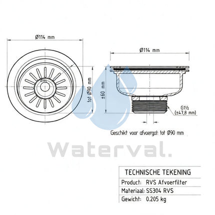 Waterval Korfplugset Ø114 mm – Gootsteen Afvoerplug – RVS 304 – G1½ – Geborsteld – Zonder Overloop – Goud