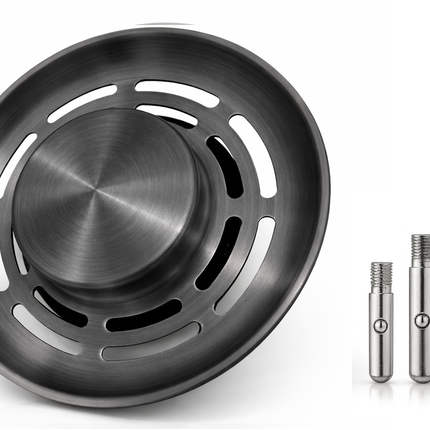 Waterval Gootsteen Zeef 84mm – RVS 304 Korfplug / Afvoerzeef – Geborsteld – Inclusief 3 Verwisselbare Pinnen – Gunmetal Grey