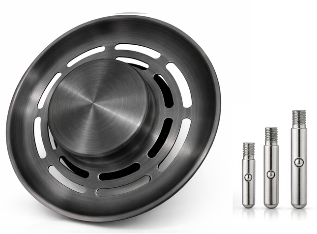 Waterval Gootsteen Zeef 84mm – RVS 304 Korfplug / Afvoerzeef – Geborsteld – Inclusief 3 Verwisselbare Pinnen – Gunmetal Grey