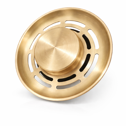 Waterval Gootsteen Zeef 84mm – RVS 304 Korfplug / Afvoerzeef – Geborsteld – Inclusief 3 Verwisselbare Pinnen – Goud