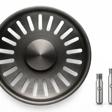 Waterval Gootsteenzeef 84mm – RVS 304 Korfplug / Afvoerzeef – Geborsteld – Inclusief 3 Verwisselbare Pinnen - Gunmetal Grey