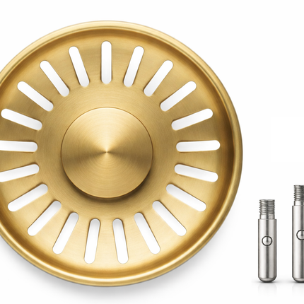 Waterval Gootsteenzeef Ø84 mm – RVS 304 Korfplug / Afvoerzeef – Geborsteld – Inclusief 3 Verwisselbare Pinnen - Goud