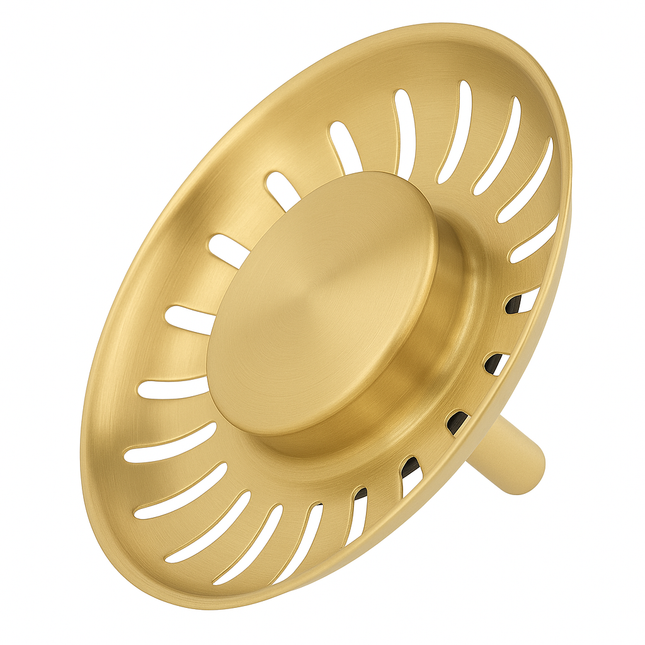 Waterval Premium Korfplug 84mm – RVS 304 – Brushed Afwerking – Inclusief 3 Verwisselbare Pinnen – Universele Afvoerplug – Gold / Goud