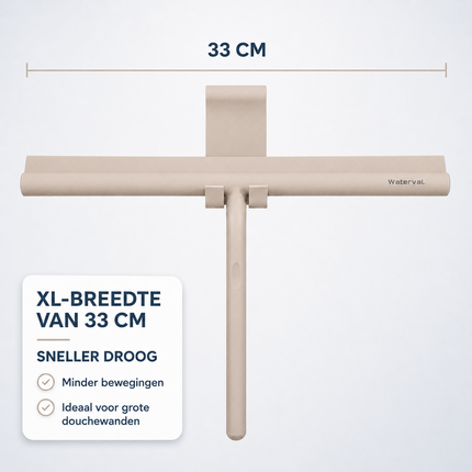 Waterval XL Douchewisser 33 cm – Siliconen Trekker voor Douchewand & Badkamer – Inclusief Ophanghaak – Streeploos – Taupe / Beige