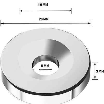 Brute Force – Schijfmagneten - Ringmagneten met gat - 20 x 3 mm - Magneet met Schroefgat – 10 Stuks