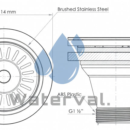 Waterval Korfplugset 114 mm – Zonder Overloop – RVS 304 – G1½ – Universele Gootsteenplug set – Goud