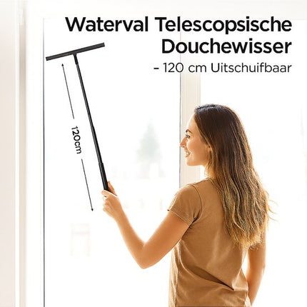 Telescopische douchewisser in gebruik met uitschuifbare steel