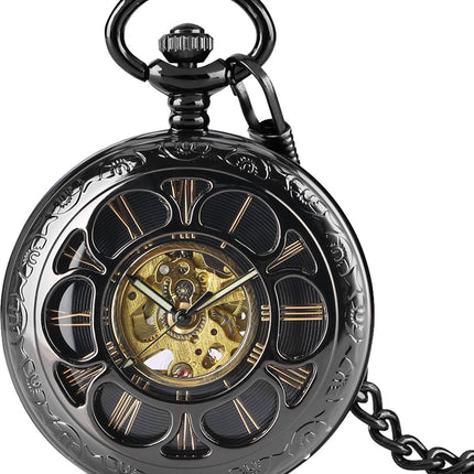 GWS Zakhorloge Mechanisch Steampunk Vintage Skeleton – Met ketting - Mechanisch zwart Steampunk Zakhorloge met handmatige opwinding image 5