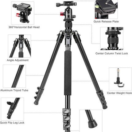 Professioneel Lichtgewicht DSLR Camerastatief - Universeel Fotostatief voor Fotografie – Aluminium Tripod Zwart 161CM image 10