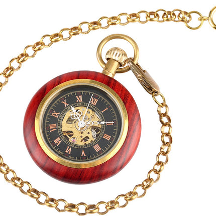 Vintage Zakhorloge Skeleton - Met ketting - Mechanisch zakhorloge met handmatige opwinding - Hout - Rood