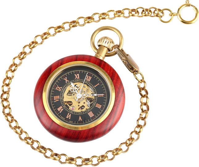 Vintage Zakhorloge Skeleton - Met ketting - Mechanisch zakhorloge met handmatige opwinding - Hout - Rood