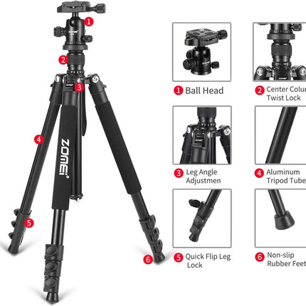 Q555 Professioneel Lichtgewicht DSLR Camerastatief - Universeel Fotostatief voor Fotografie – Aluminium Tripod Zwart 160CM image 2