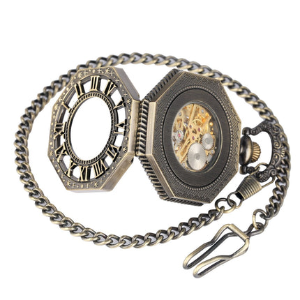 Zakhorloge Deluxe Mechanisch Skeleton Brons – Met ketting - Mechanisch achthoekige zakhorloge met handmatige opwinding image 4